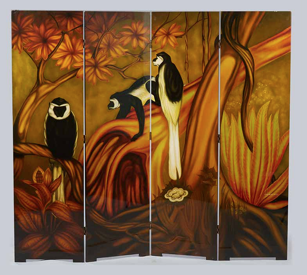 Lacquered Folding Screen Representing Monkeys in the Style of Jean